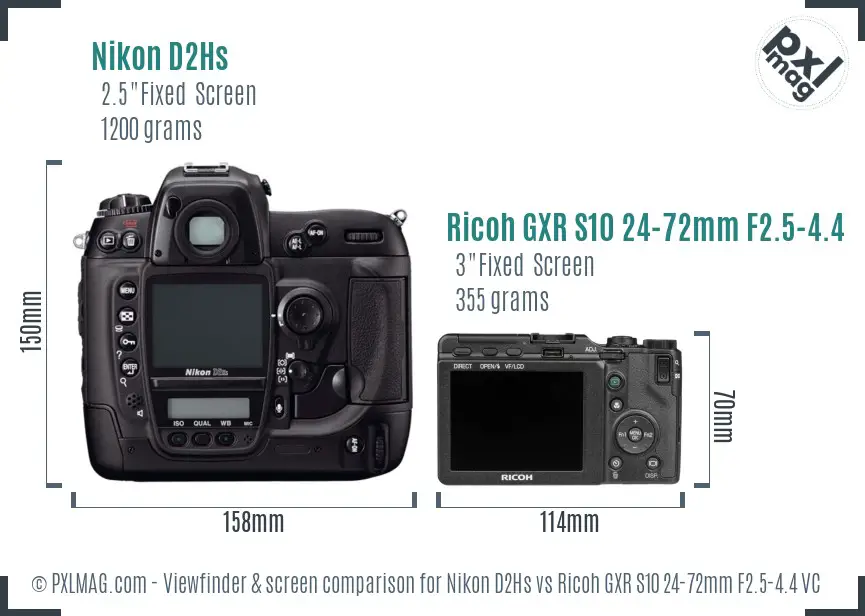 Nikon D2Hs vs Ricoh GXR S10 24-72mm F2.5-4.4 VC Screen and Viewfinder comparison