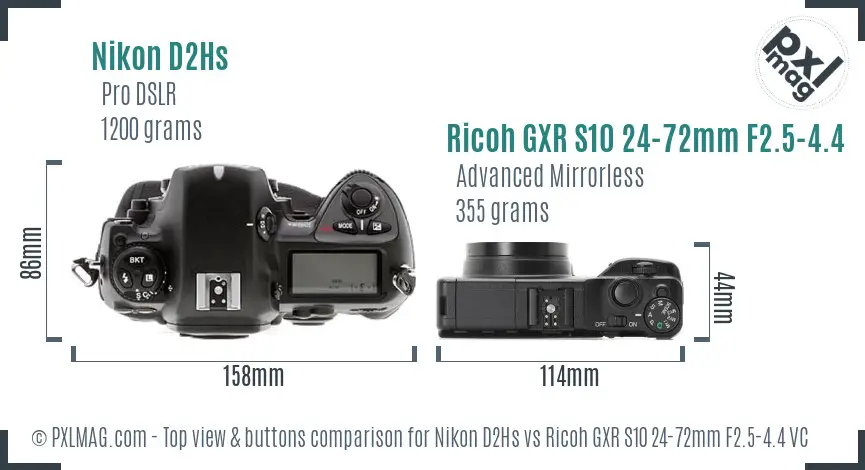 Nikon D2Hs vs Ricoh GXR S10 24-72mm F2.5-4.4 VC top view buttons comparison