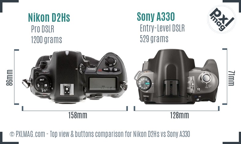 Nikon D2Hs vs Sony A330 top view buttons comparison
