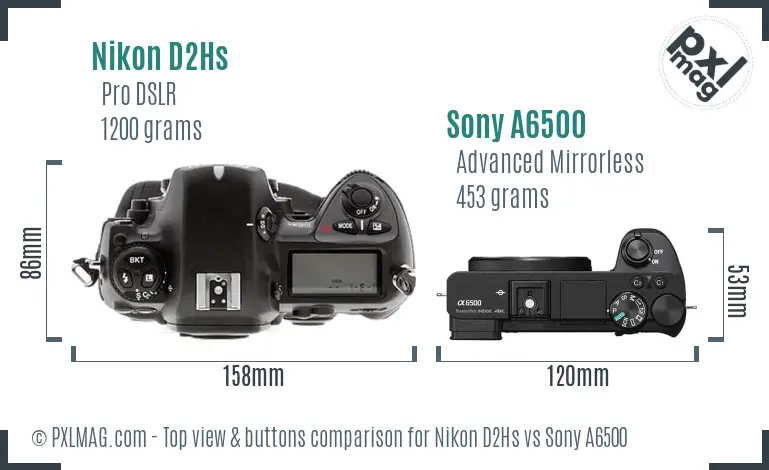 Nikon D2Hs vs Sony A6500 top view buttons comparison