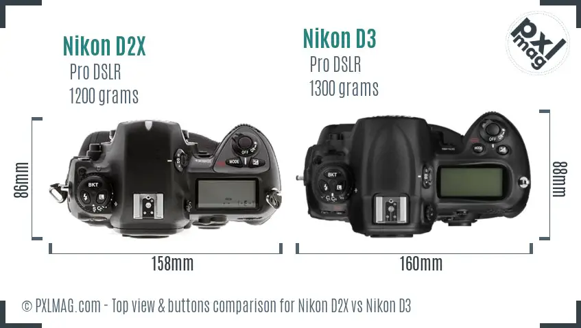 Nikon D2X vs Nikon D3 top view buttons comparison