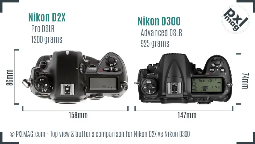 Nikon D2X vs Nikon D300 top view buttons comparison