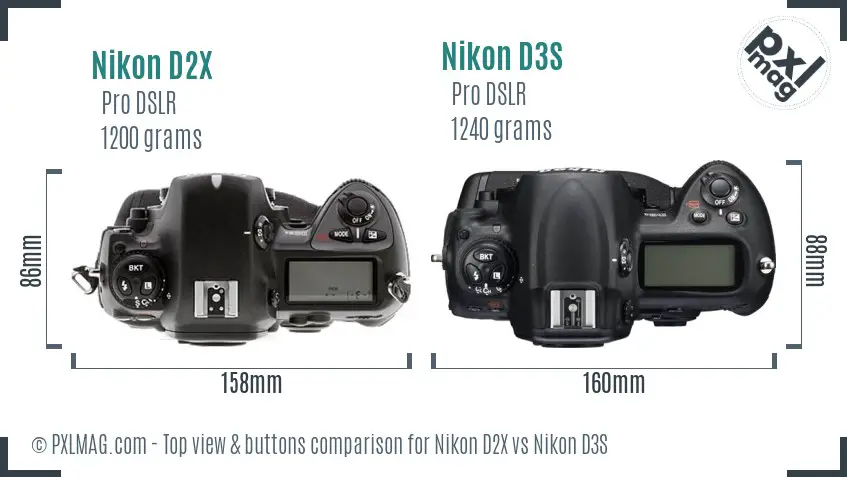 Nikon D2X vs Nikon D3S top view buttons comparison