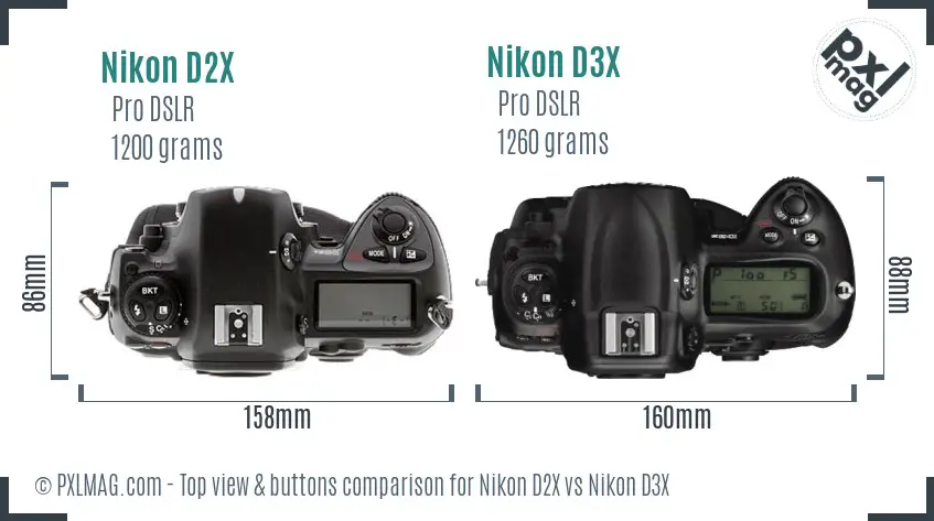 Nikon D2X vs Nikon D3X top view buttons comparison