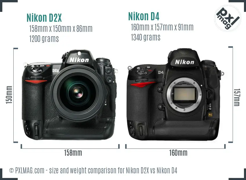 Nikon D2X vs Nikon D4 size comparison