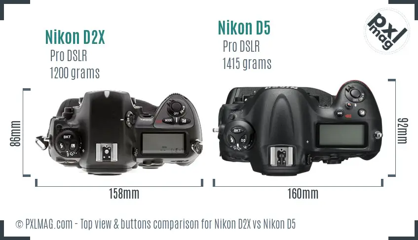 Nikon D2X vs Nikon D5 top view buttons comparison