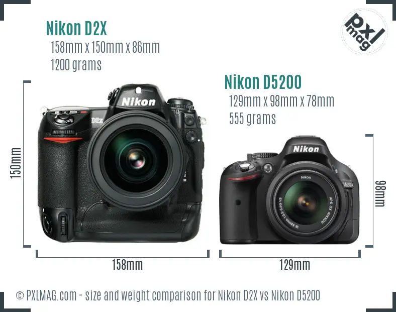 Nikon D2X vs Nikon D5200 size comparison