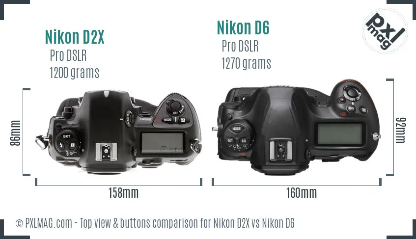 Nikon D2X vs Nikon D6 top view buttons comparison