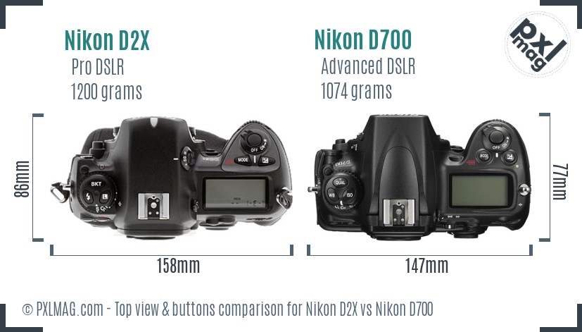 Nikon D2X vs Nikon D700 top view buttons comparison