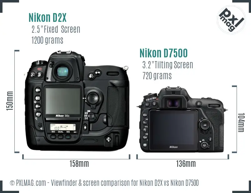 Nikon D2X vs Nikon D7500 Screen and Viewfinder comparison