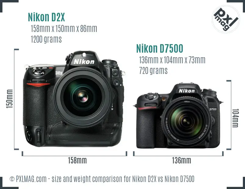 Nikon D2X vs Nikon D7500 size comparison