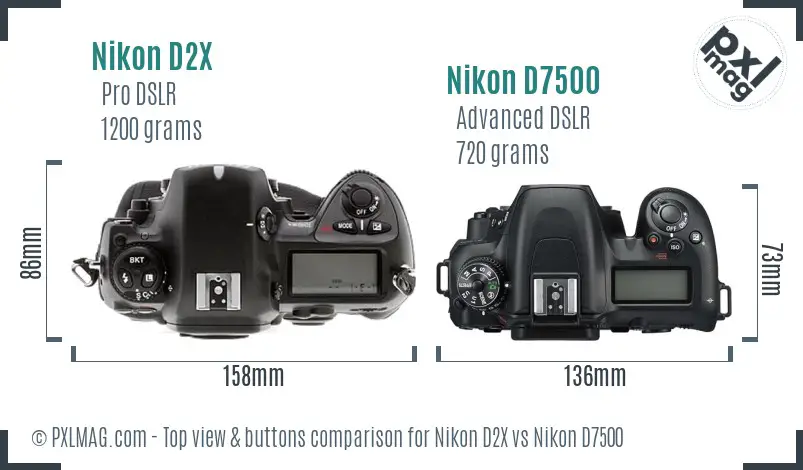 Nikon D2X vs Nikon D7500 top view buttons comparison