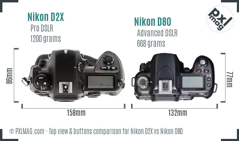 Nikon D2X vs Nikon D80 top view buttons comparison