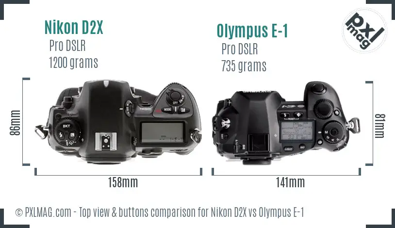 Nikon D2X vs Olympus E-1 top view buttons comparison