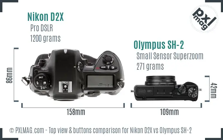 Nikon D2X vs Olympus SH-2 top view buttons comparison
