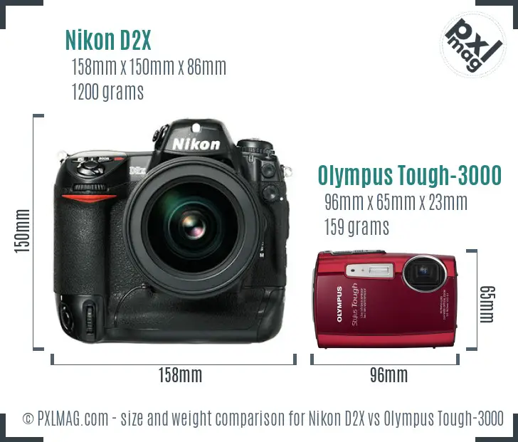 Nikon D2X vs Olympus Tough-3000 size comparison