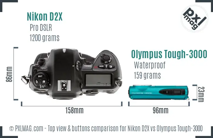 Nikon D2X vs Olympus Tough-3000 top view buttons comparison