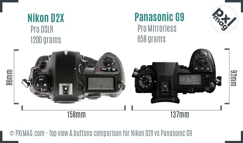 Nikon D2X vs Panasonic G9 top view buttons comparison