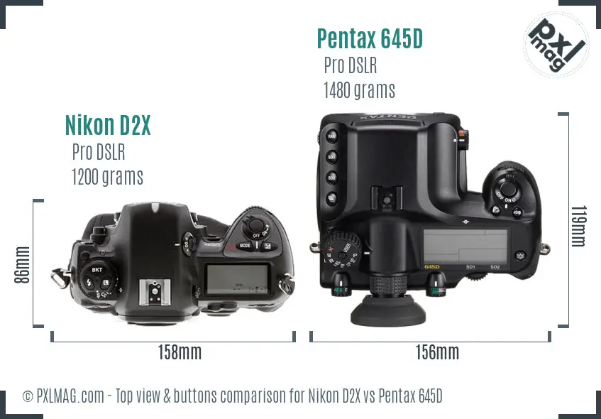 Nikon D2X vs Pentax 645D top view buttons comparison