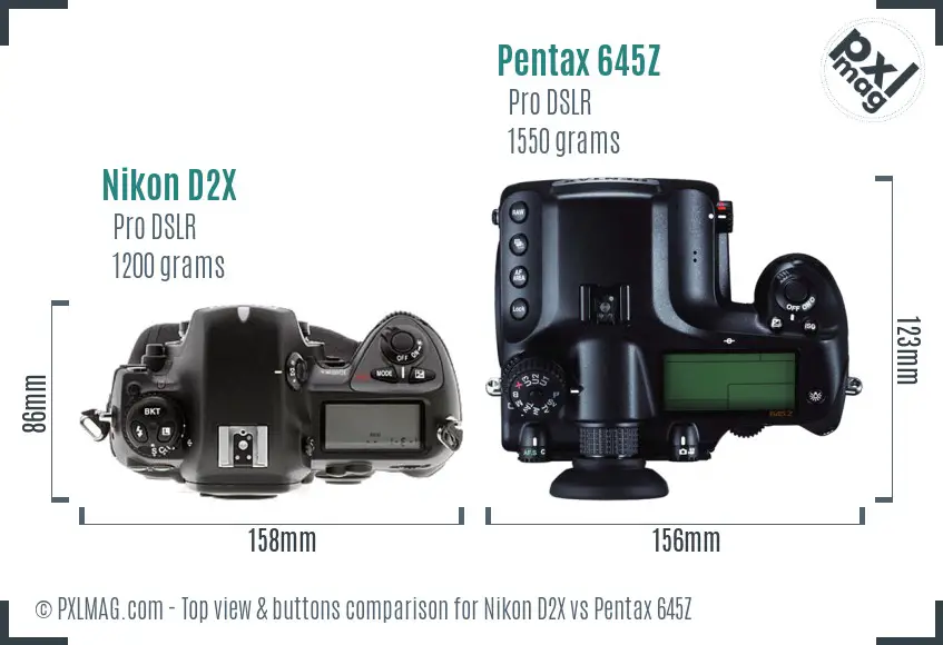 Nikon D2X vs Pentax 645Z top view buttons comparison