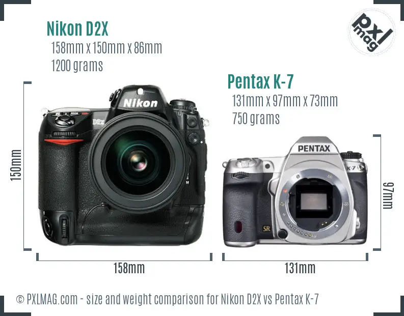 Nikon D2X vs Pentax K-7 size comparison