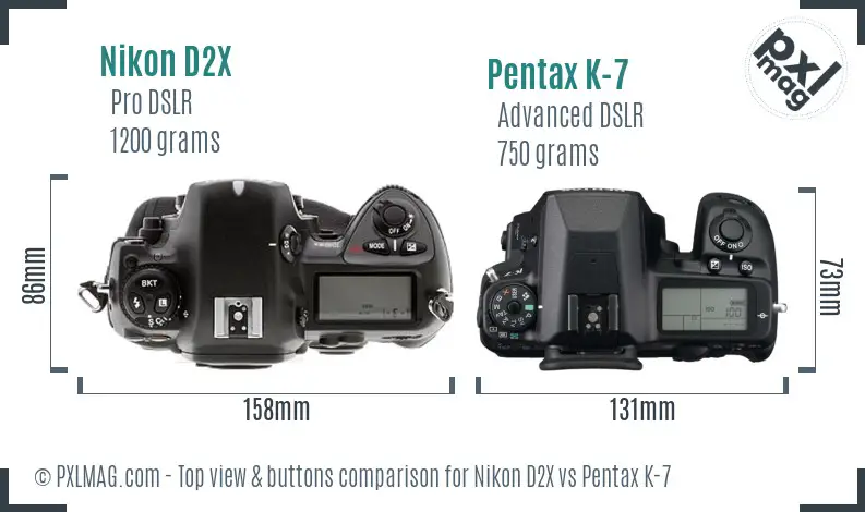 Nikon D2X vs Pentax K-7 top view buttons comparison