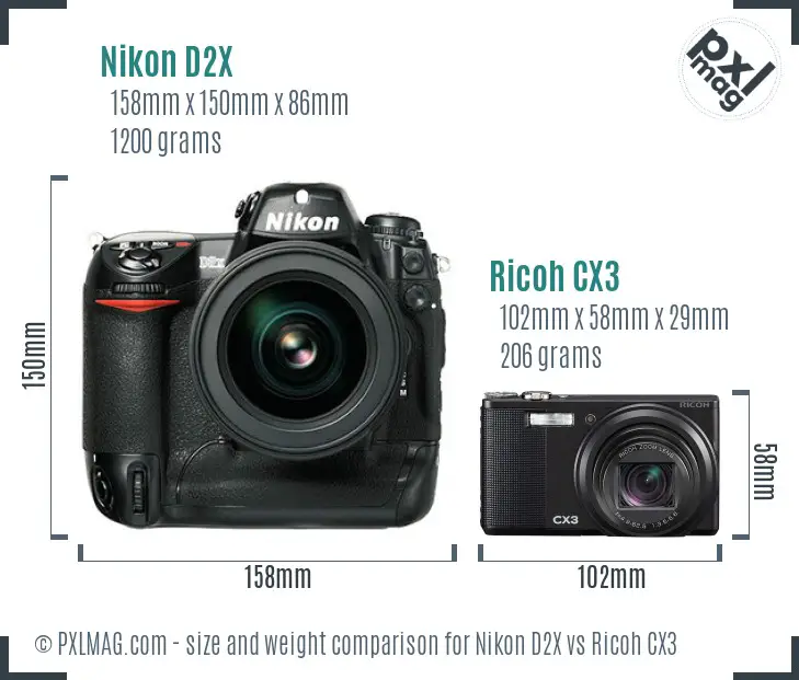 Nikon D2X vs Ricoh CX3 size comparison