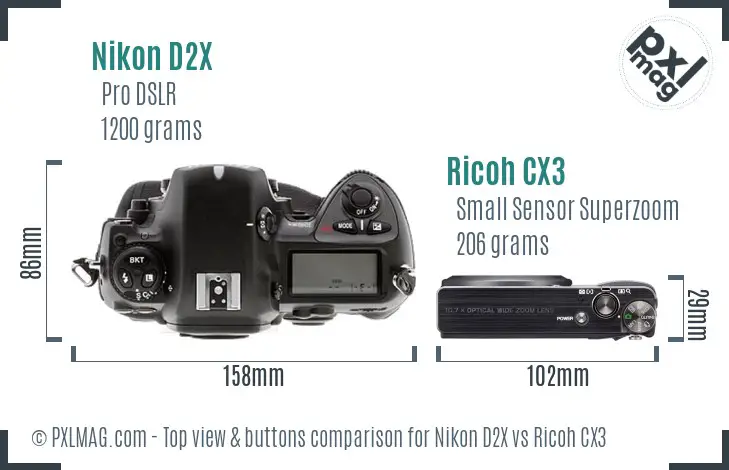 Nikon D2X vs Ricoh CX3 top view buttons comparison