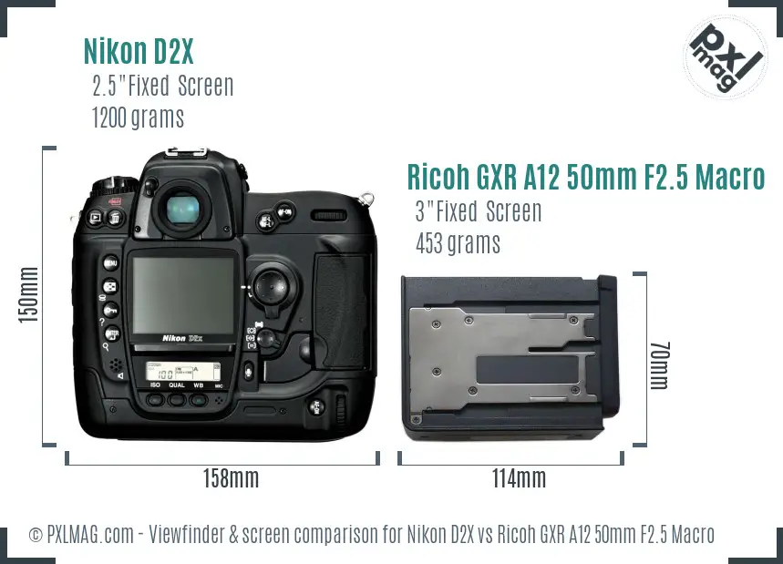Nikon D2X vs Ricoh GXR A12 50mm F2.5 Macro Screen and Viewfinder comparison