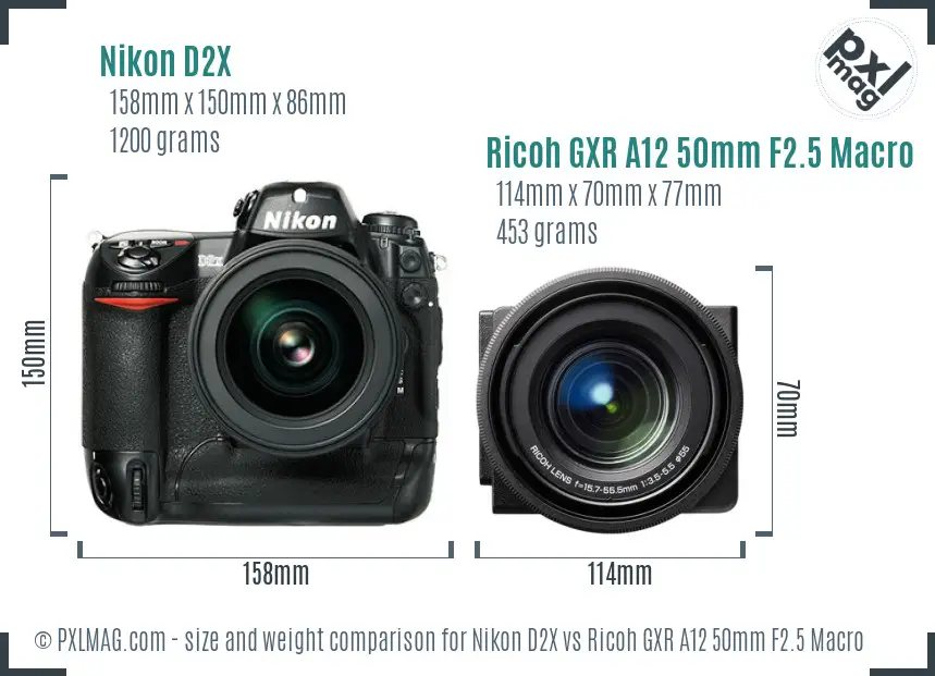 Nikon D2X vs Ricoh GXR A12 50mm F2.5 Macro size comparison