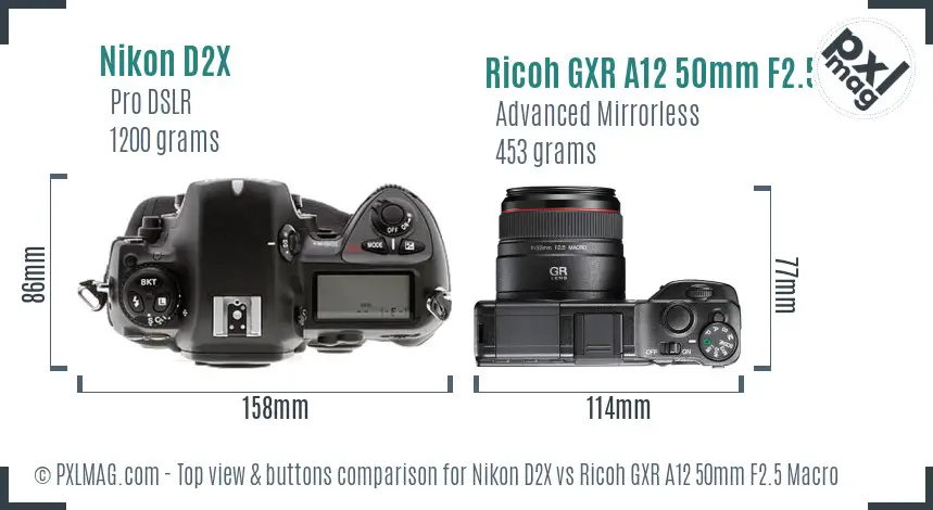Nikon D2X vs Ricoh GXR A12 50mm F2.5 Macro top view buttons comparison