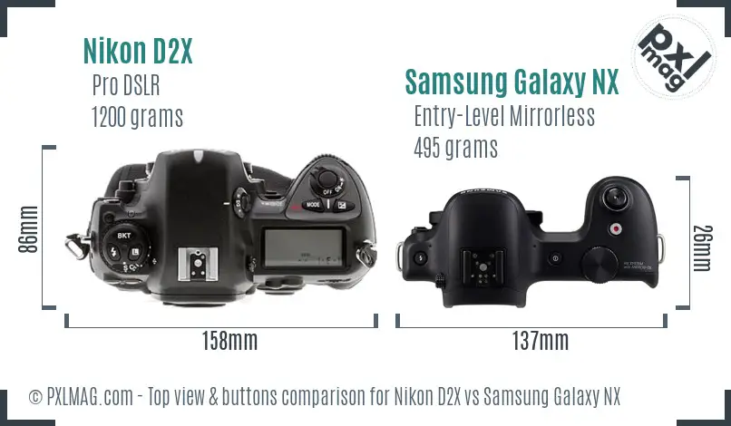 Nikon D2X vs Samsung Galaxy NX top view buttons comparison