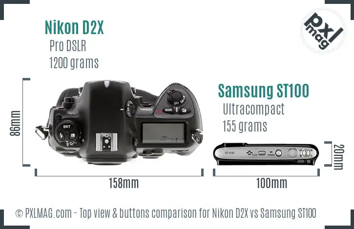 Nikon D2X vs Samsung ST100 top view buttons comparison