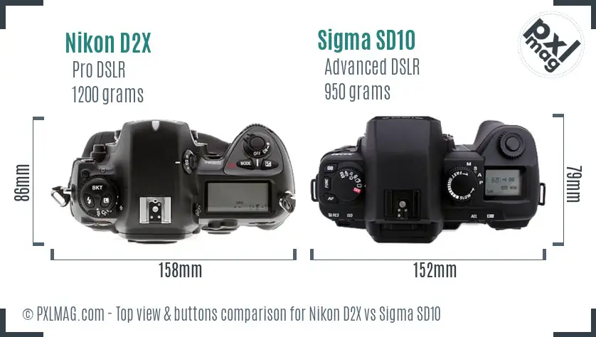 Nikon D2X vs Sigma SD10 top view buttons comparison