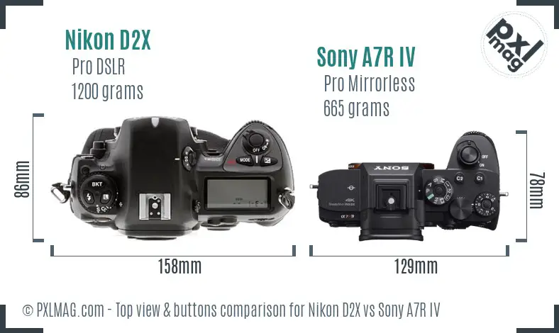 Nikon D2X vs Sony A7R IV top view buttons comparison