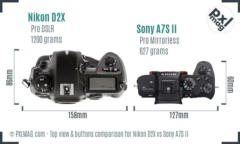 Nikon D2X vs Sony A7S II top view buttons comparison
