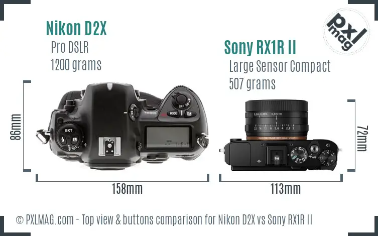 Nikon D2X vs Sony RX1R II top view buttons comparison