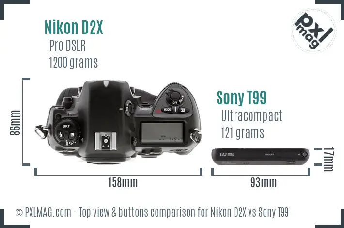 Nikon D2X vs Sony T99 top view buttons comparison