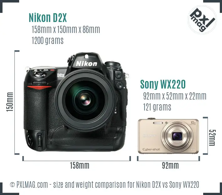 Nikon D2X vs Sony WX220 size comparison