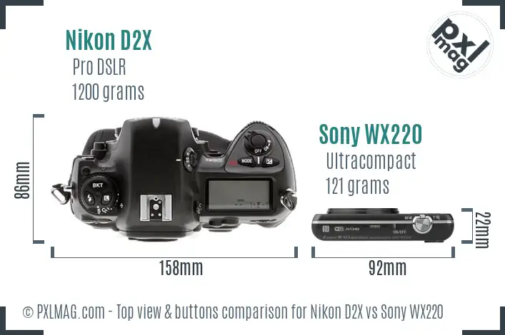 Nikon D2X vs Sony WX220 top view buttons comparison