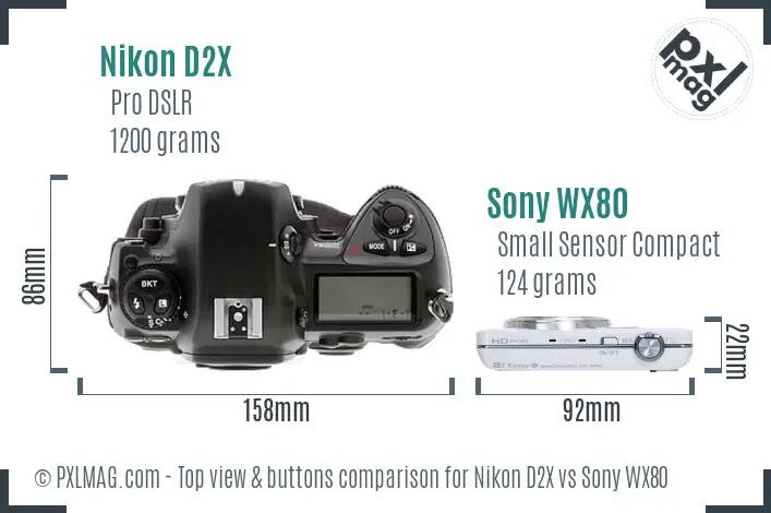 Nikon D2X vs Sony WX80 top view buttons comparison