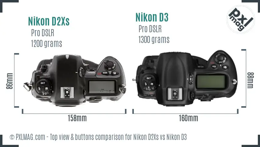 Nikon D2Xs vs Nikon D3 top view buttons comparison