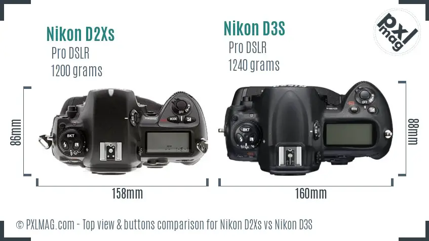 Nikon D2Xs vs Nikon D3S top view buttons comparison