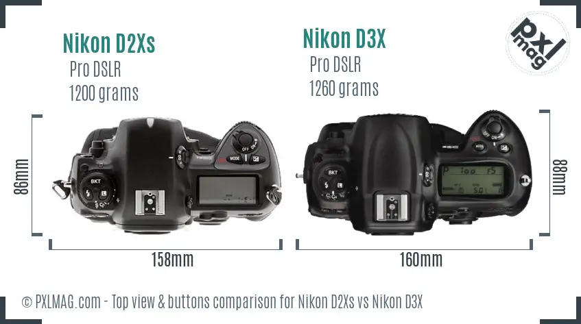 Nikon D2Xs vs Nikon D3X top view buttons comparison