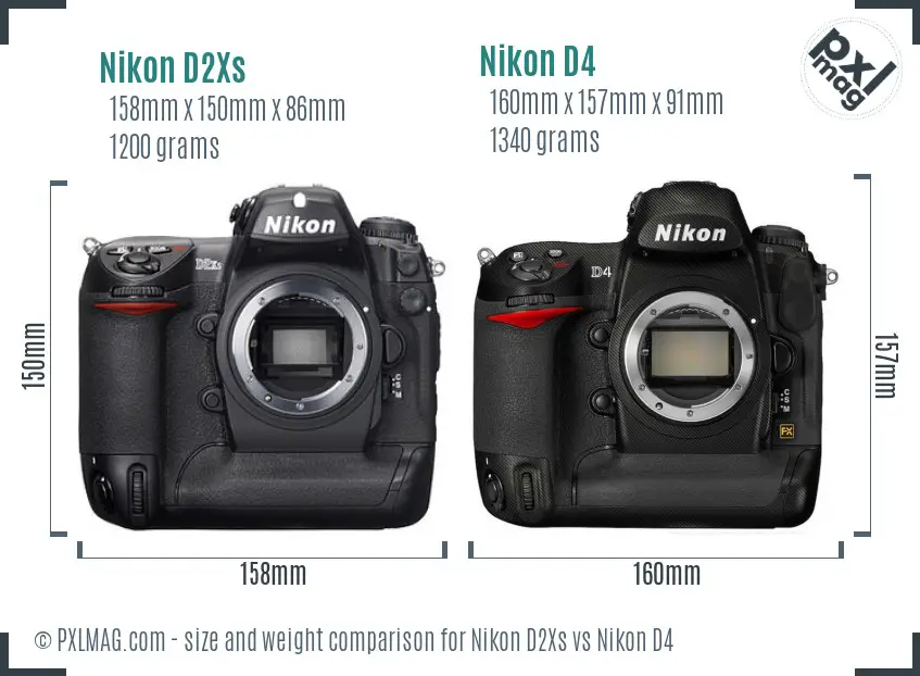Nikon D2Xs vs Nikon D4 size comparison
