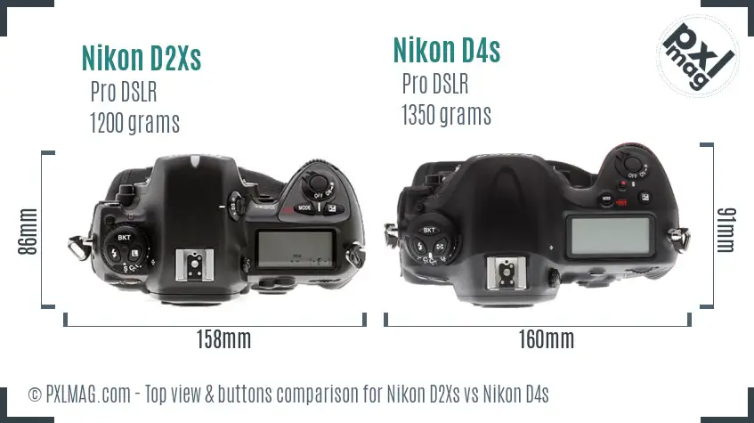 Nikon D2Xs vs Nikon D4s top view buttons comparison