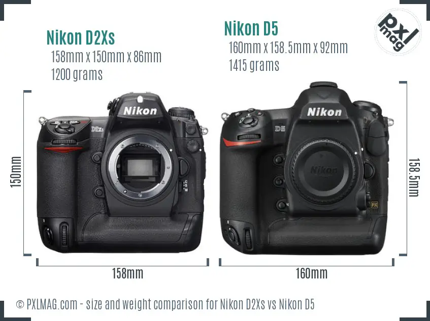 Nikon D2Xs vs Nikon D5 size comparison