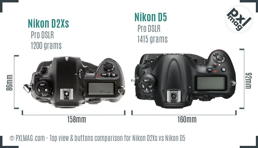 Nikon D2Xs vs Nikon D5 top view buttons comparison