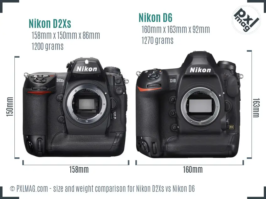 Nikon D2Xs vs Nikon D6 size comparison