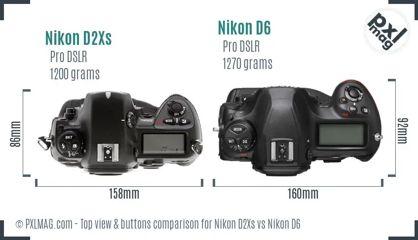 Nikon D2Xs vs Nikon D6 top view buttons comparison